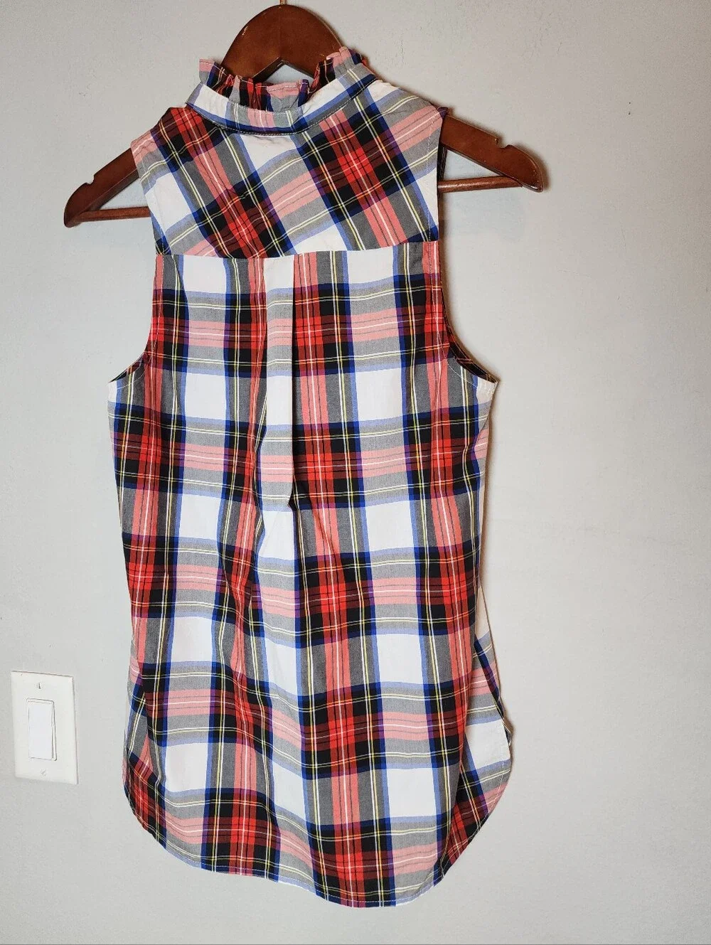 NWT J. Crew Ruffle-Neck Sleeveless Top Red Holiday Tartan Plaid Cotton Poplin 0